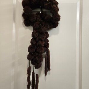 Brown Rabbit Fur Pompom Scarf with Tails